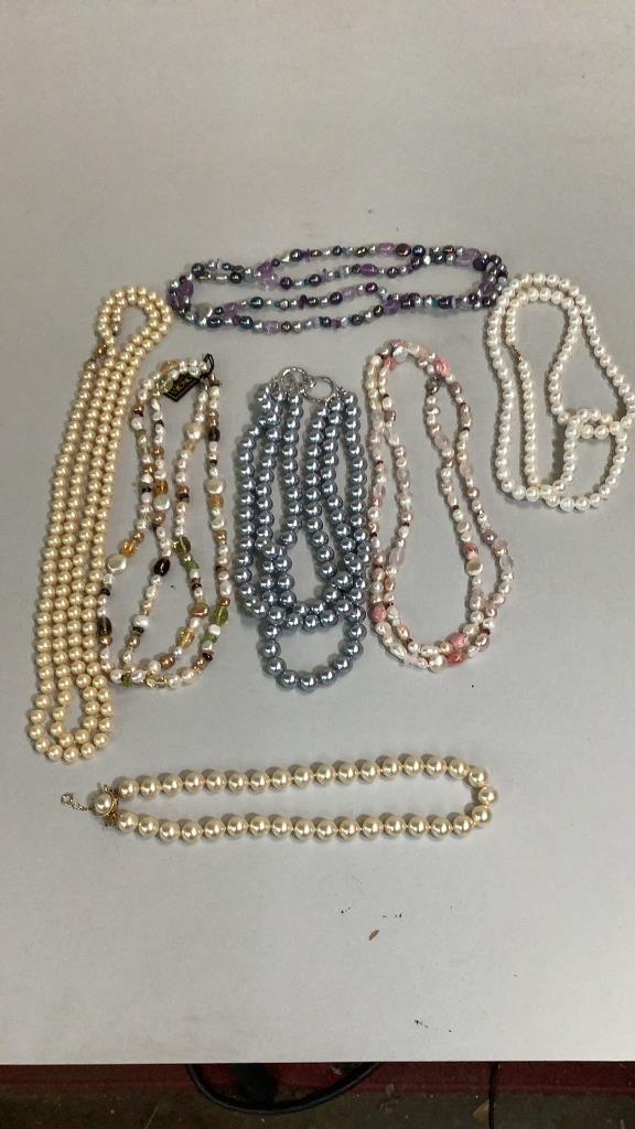 7 Pearl Necklaces: 16 inch single strand of Mallorca pearls with sterling clasp…60 inch strand by Les Bernard, Kenneth Lane Grey Pearls and 3 Strands of Honora