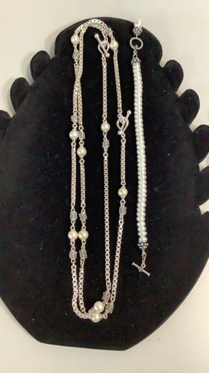 Judith Ripka Sterling And Pearl: 40 inch necklace, 8 inch bracelet