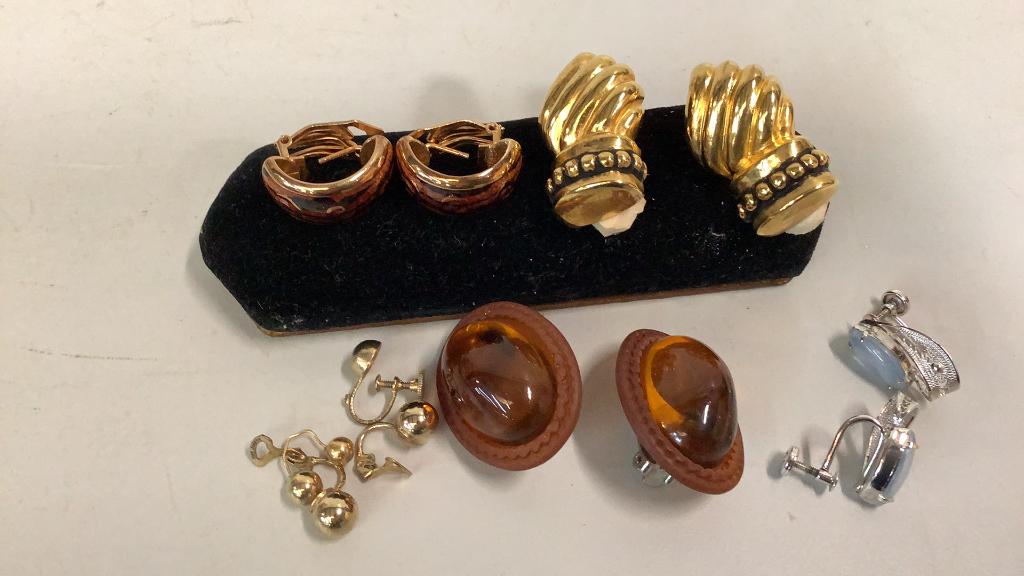 5 Pair Earrings: Amber clips, pair sterling ? And moonstone screw backs, pair flame style gold tone clips, pair Italian clips half circle marked 925