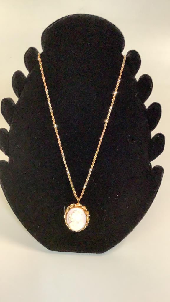 14 K Gold Chain, Cameo Pendant: Chain is 18 inches long…Cameo left facing on a pink ground with rope edge seed pearls..Cameo not marked