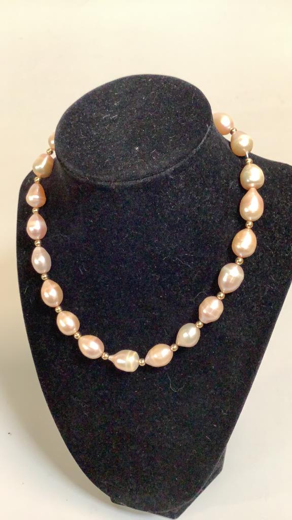 Baroque Pearl Necklace, 14 k Clasp: 16 inch length, with lightly pink luster