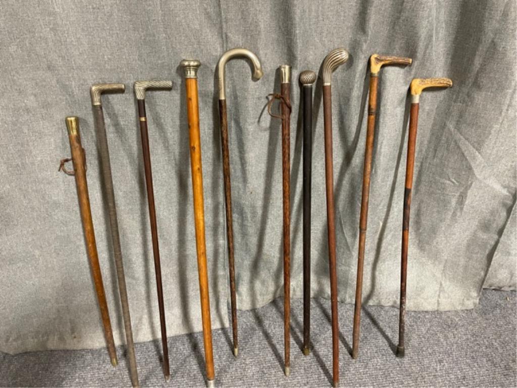 10 Assorted Canes/Walking sticks: Stag Handle, Brass And Some Possibley Sterling
