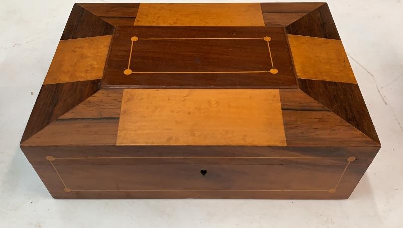Inlaid Sewing Box: Mahogany inlaid with satinwood panels..boxwood string..mirror in lid and removable tray..some discoloration to tray..11 x 8 Line Item # 70