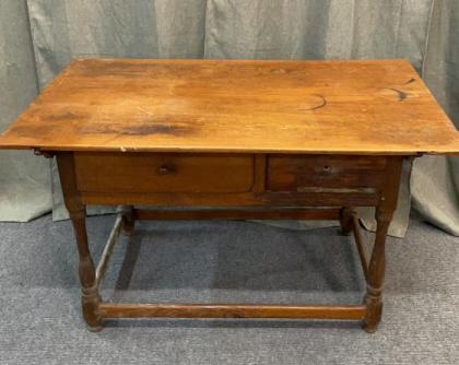 Heart Pint Harvest Table: 2 board top Stretcher base, 2 hand dovetailed drawers, drawers runners need some restoration, 1860’s 27 tall x 47 wide x 31 deep