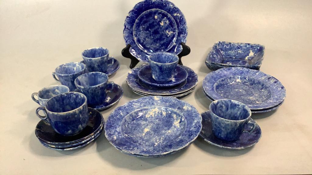22 Pieces Spongeware: Combined collection includes 4 rimmed soup bowls, 2 square bowls @ 7 inches, 4 plates @ 9 inches 7 saucers, 7 cups only 1 plate marked as Belleek * rim chips