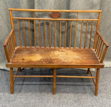 2 Person Antique Windsor Sette: 1880’s, think slab seat, strudy, 34 tall to back 17 to seat x 40 wide x 16 deep Line Item # 52