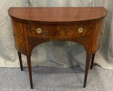 Inlaid Mahogany Demilune Console: Veneer repair on skirt, Batesville Cabinet Co, 1940’s 33 tall x 40 wide x 19 deep