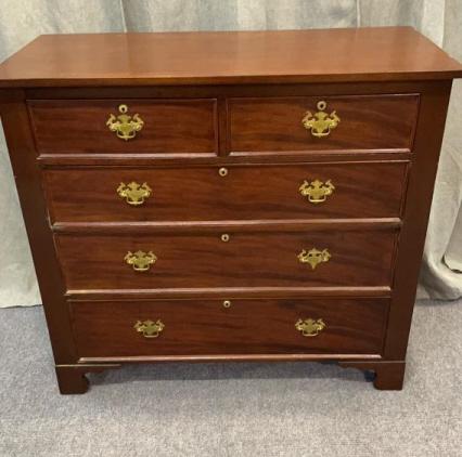 English Mahogany Chest: Centennial, hand dovetailed drawers, bracket feet, bail pulls, 40.5 tall x 45 wide x 21.5 deep