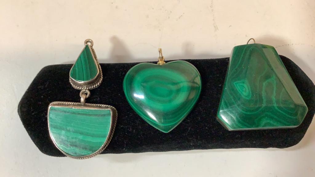 3 Malachite Pendants: 2 inch double drop set in silver ? Marked faintly 1.5 inch pendant..1 inch heart shaped