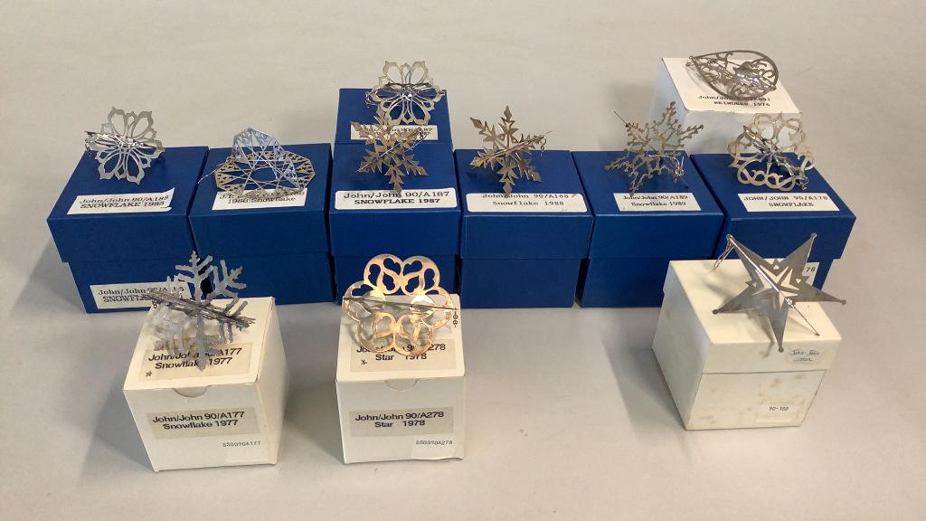 11 Sterling John John ChristmasOrnaments: 1977 Snowflake, 1978 Star, 1976 Reindeer, 1990 Star, 1985 - 1990 Snowflakes