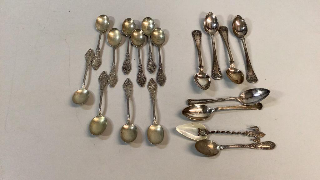 18 Mostly Sterling Demitasse Spoons: 10 of one design, marked as sterling 4 marked NS ( nickel silver), sterling with abalone shell shell bowl, 4 inch sterling spoon..2 ?