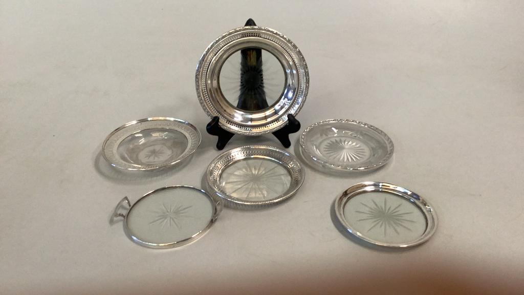 6 Sterling Rimmed Glass Trivets,Plates: 6.5 to 4.5 inches