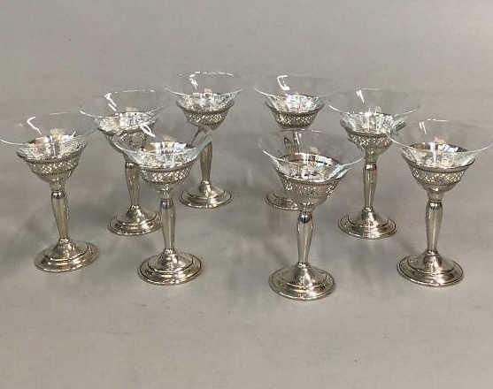 8 Sterling Stem Wine Goblets: Set 8 4.5 inches tall, etched glass over pierced rimmed Sterling stems