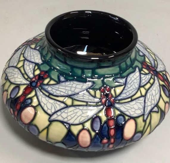 Moorcroft Dragonfly Vase: 4 X 7 Inches, A Squatty Form Vase, Brilliant Color Dragonflies..in A Repeating Design To Shoulders, Impressed Mark, Dated 2001 With Leaf Mark… Line Item # 87