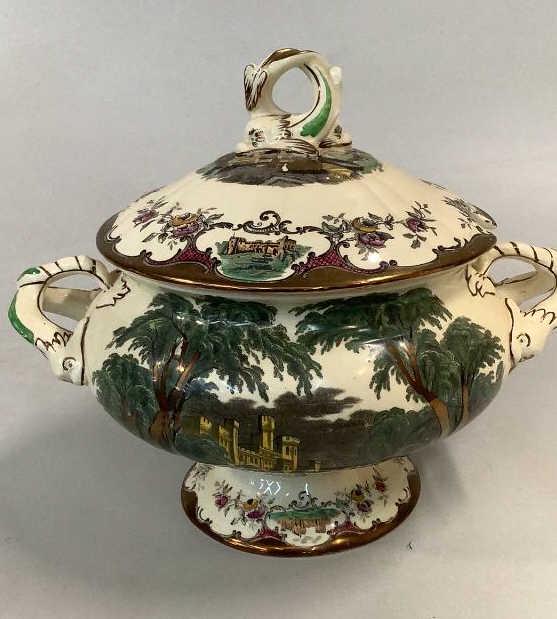 Impressive Leeds Transferware Tureen: Beautiful decoration of English Park or Garden scene, Dolphin handles and finial…15 inches tall, marks for Leeds, and Masons… Line Item # 118