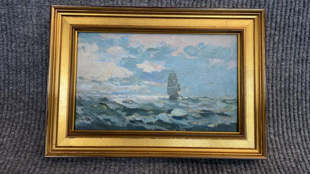 Francis Humphrey Woolrych Oil on Artist Board: Francis Humphrey Woolrych , (American, 1868-1941): Clipper Ship, 6 1/2" x 10" sight Oil on artist board