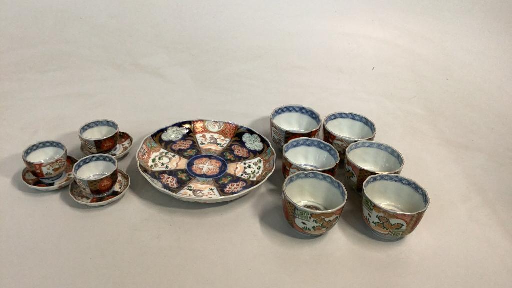 52 Pieces Imari Porcelain: Rice Bowls, Tea cups, under plates, Master Dish..beautiful red and blue luster glaze, interior flowers.