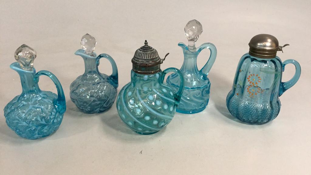 5 Victorian  Blue Glass Jugs, Cruets (1 of 5)