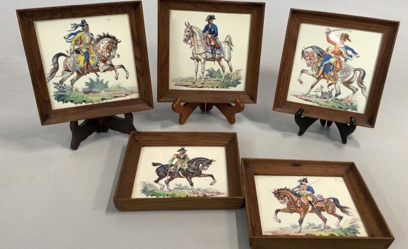Set of 5 Meissen Equestrian Military Tiles: Each 5.5 x 6 inch tiles…includes Dragoon, Hussar, Cuirassier Officer, all stamped Meissen, made in Germany…similar frames… Line Item # 62