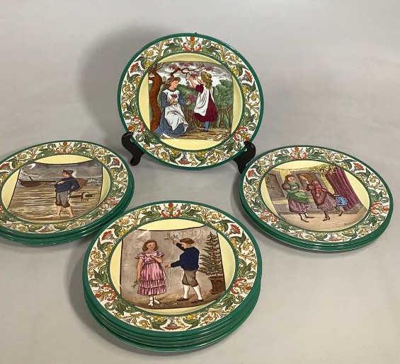 Wedgwood Florentine Months of Year Plates: 10.5 inch plates with Border design for the Florentine pattern, each interior design represents the Months of the Year…a complete set, stamped a seal marked..* minor rim chip to July and April L