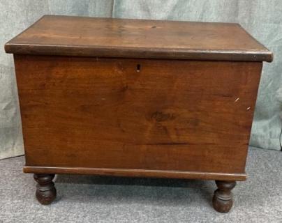 Diminutive Walnut Blanket Chest: East Tennessee? Dovetailed case, turned feet 20 tall x 25.5 wide x 16 deep Line Item # 141