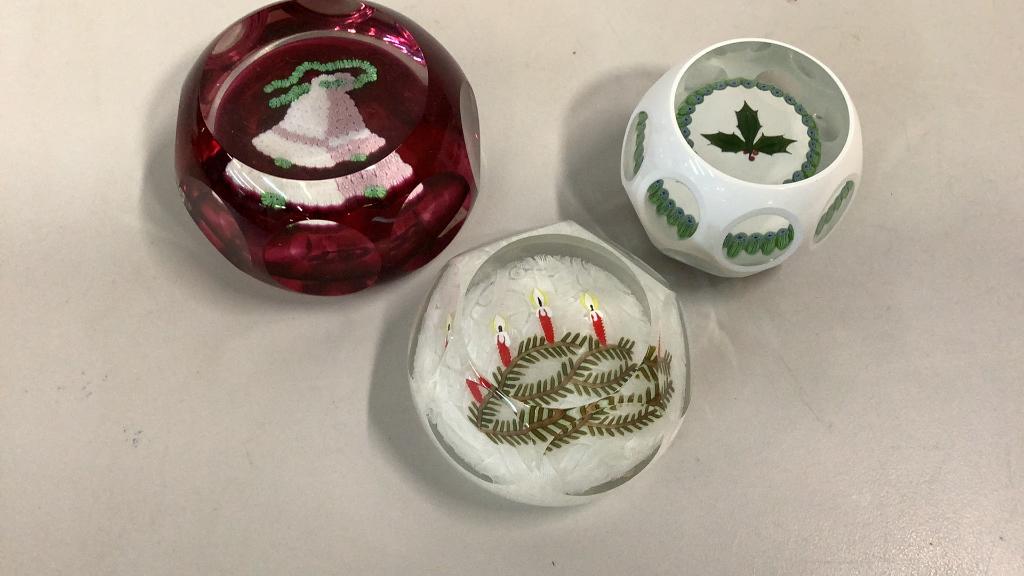3 Perthshire, Crieff Scotland Paperweights: 3 inch facet cut bells on a red bed..2.5 inch facet cut candles on white bed, 2 inch facet cut, Holly leaf Line Item # 1