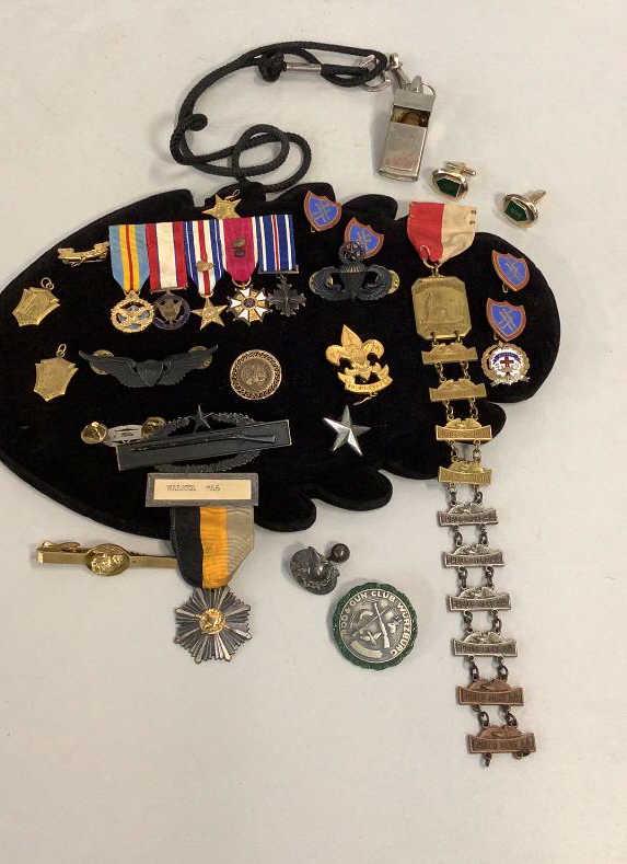 Group Military Pins, Medals: Includes some VMI athletic pendants, Walker, 1946 ribbon.