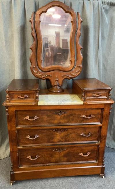 Elegant Burl Walnut Dresser: Free standing mirror, carved pulls, banded and dovetailed drawers, paneled ends, 73 tall x 43 wide x 19.5 deep