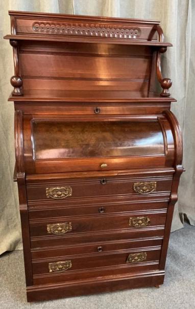 Mahogany Ladies Cylinder Roll Desk: French polish, great size 54.5 tall x 31 wide x 19 deep