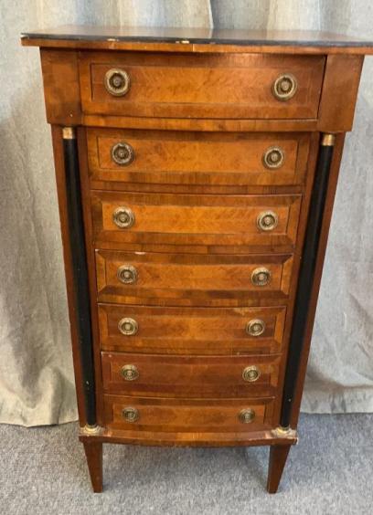 Biedermeier Style Lingerie Chest: Maple w satinwood marquetry drawer fronts, 41.5 x 21.5 x 15 deep