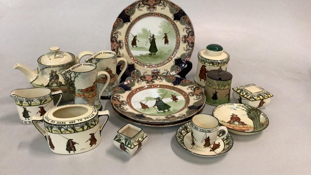 Royal Doulton Gallant Fisherman Series: 15 Pieces includes : 10.5 inch plates, 6 inch lidded canister, teapot, creamer, open sugar, jam pot with plated top, 2 pinch spout pitchers @5.5 inches….5 inch berry bowl, cup/saucer, lidded tab