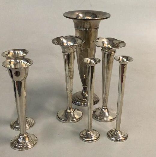 7 Sterling Trumpet, Bud Cases: Tallest at 10 inches, pair at 7.5, 2 singles at 8 inches, bud vases at 7 Line Item # 96