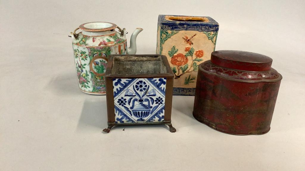 Famille Tea Pot, Tile Vase, Planter, Tin Tea Box (1 of 9)