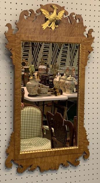 Curly Maple Federal Mirror: Spread wing Phoenix crest, scrolled skirting, scalloped gold trim, 31H x 18W, some repairs