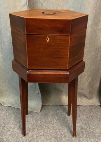 English Cellarette On Stnad: feet interior, satinwood accents, 30 tall x 16.5 wide x 11 deep