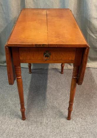 Birdseye Maple Drop Leaf: Dovetailed drawer, turned legs, one leaf has some cupping, 30 tall x 19 wide, 46 open, x 36 deep