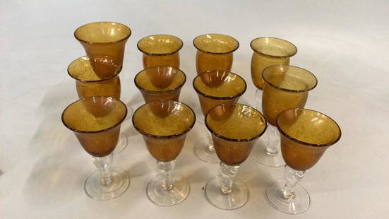 12 Blown Amber Glass Goblets: Tallest at 8 inches, amber glass on a teardrop stem, nice bubbles and color