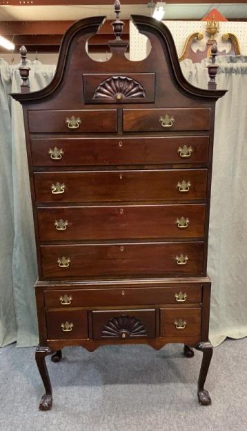 Chippendale Style Bonnet To High Boy: shell carving, ball and claw feet, 1940’s, 71 tall x 40 wide x 20 deep