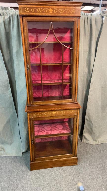 Inlaid Curio Cabinet: Orignial glass, urn and vine inlay, missing one lower side glass, 77 tall x 26 wide x 15 deep
