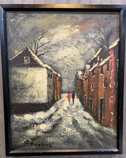 John Joseph Enneking Oil On Canvas: Couple in Winter Streets, American Impressionist 1841-1916, 15.5 x 19.5 sight