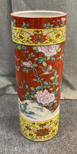 Famille Rose Umbrella Stand: Roses and swallows, 24 tall x 9 diameter, crack in bottom.