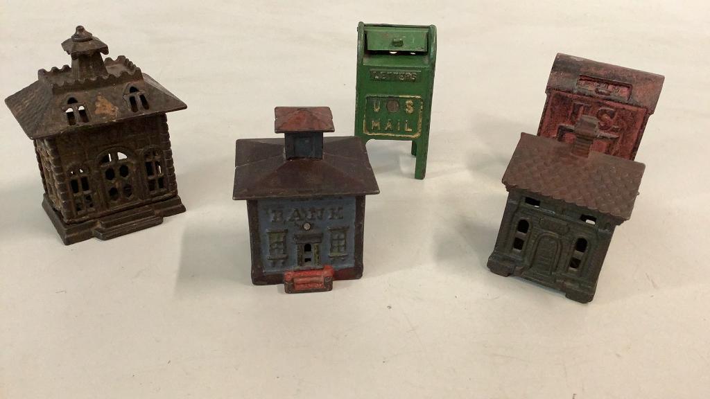 5 Small Cast Iron Banks: 2 US Post Office Boxes, 3.5 and 4 inches, 4 inchState Bank, coin slot back, 2 x 3 inch 1878 house with red roof, 3.5 inch red and blue Bank building