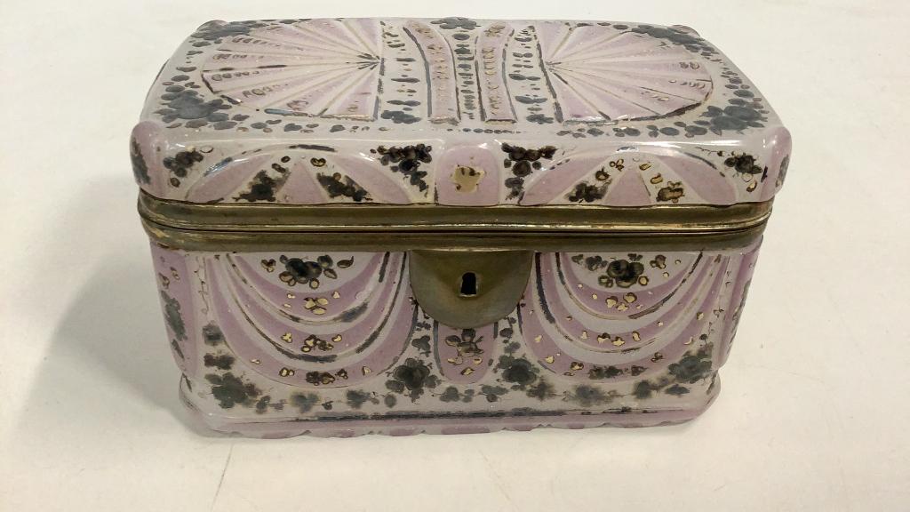 Bohemian Glass Dresser Box: Brass mounted and enameled box, on a lavender to pink shaded ground, trace gold and silver decoration in swag and foliate designs , 6.5 x 4 x 4 inches