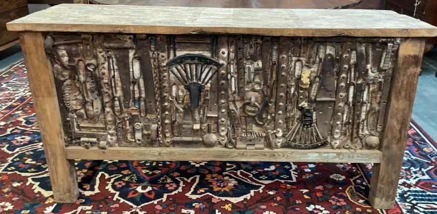 Teak Console/Bar W Iron Decoration: Soils front open back, embellished with vintage utilitarian iron. 31 tall x 60 wide x 18 deep