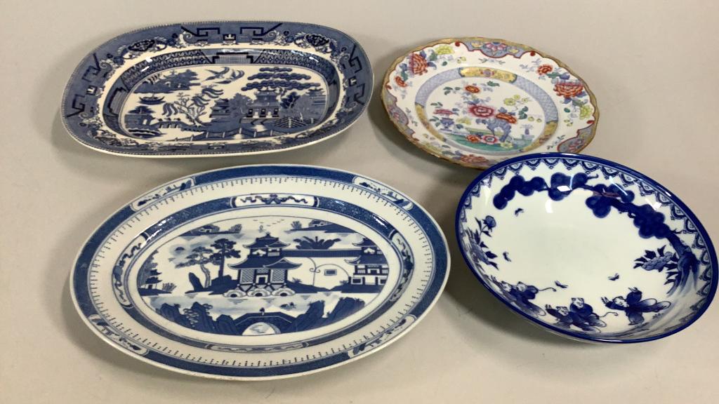 Indian Tree, Blue Willow, Canton: Masons 10 inch plate, Indian Tree design, 14 inch Blue Willow platter, 13 inch oval platter, 9 inch bowl