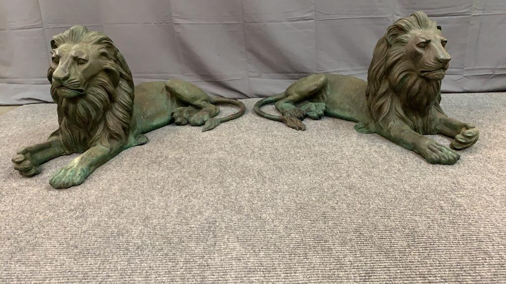 Pair of Patinated Bronze Lions in Repose (1 of 6)