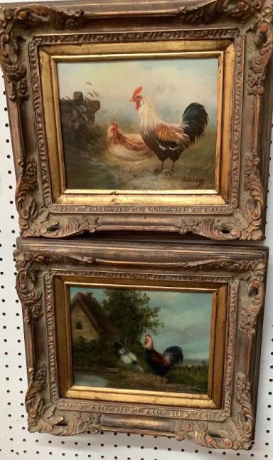 2 Oil Paintings, Roosters, Chickens (1 of 5)
