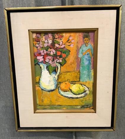 Oil on Canvas, Hilda Rubin Pierce: Line Item # 57 20th Century artist, floral still life with female figure, titled Prima Vera and stamped with gallery info on frame verso, sight 11.5H x 8.5W inches, needs minor