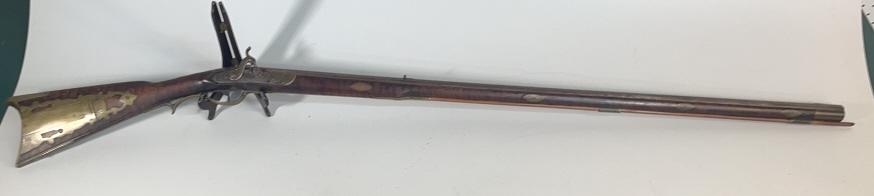 Full Stock Curly Maple Ohio Percussion Rifle: Octagonal barrel, brass patch holder, Stubenville Ohio, J Jordan, RB inscribed on silver medallion on stock, brass trigger guard lose, ram rod, dated 1815, 56 long 41 in barrel