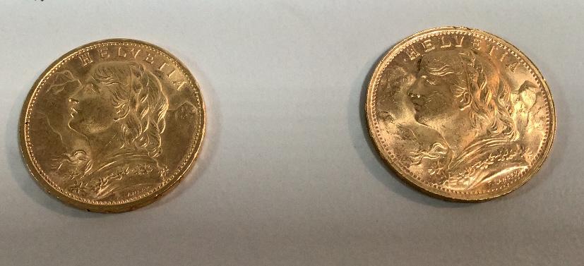 2 Swiss Helvita Gold Francs, 1/5 oz each (1 of 5)
